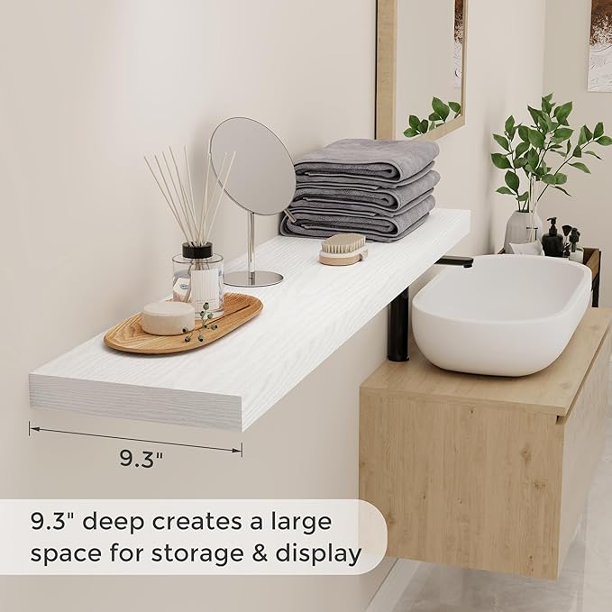 Fun Memories Floating Shelves for Wall, 48 x 9.3 Large Floating Shelf Wall Mounted Set of 2, Rustic Wood Shelves for Bathroom, Kitchen, Living, Heavy-Duty Storage Deep Shelf for Books, Decor, White