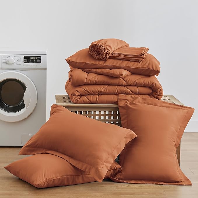 Love's cabin California King Comforter Set Terracotta, 7 Pieces California King Bed in a Bag, All Season Bedding Sets with 1 Comforter, 1 Flat Sheet, 1 Fitted Sheet, 2 Pillowcase and 2 Pillow Sham