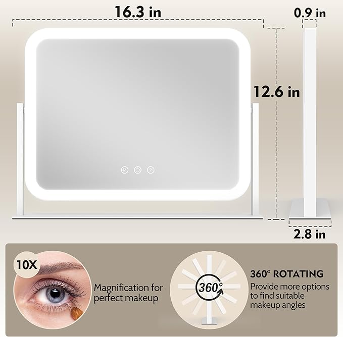ROLOVE Lighted Makeup Mirror, 17"x13" Vanity Mirror with Lights, 10X Magnification, Gifts for Women, 3 Color Lighting Modes, Smart Touch Control, 360° Rotation for Bedroom or Tabletop (White)