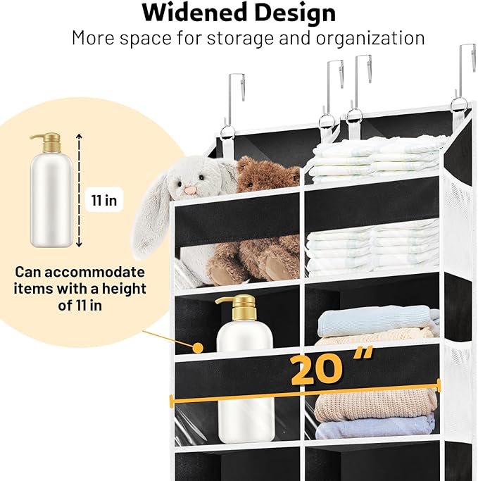 Over the Door Organizer 5 Tiers, Extra Large Behind Door Storage of 10 Compartments, 80 lbs Weight Capacity Hanging Storage Organizer with Clear Window Kids Toys, Shoes, Diapers, Room storage