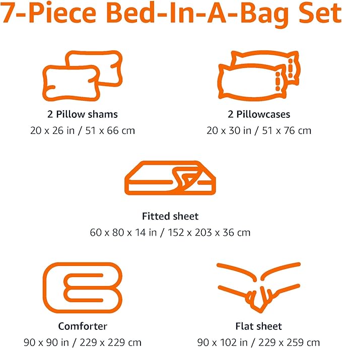 Amazon Basics 7 Piece Microfiber Kid's Comforter Bed-in-a-Bag Bedding Set, Full/Queen, Bluish Flowers, Floral