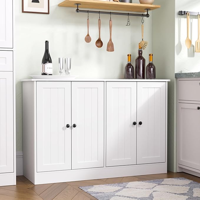 Sideboard Buffet Cabinet with 4 Doors, 47" W Kitchen Storage Cabinet with Storage, Modern Farmhouse Coffee Bar Station Wood Kitchen Table for Living Room Dining Room, White