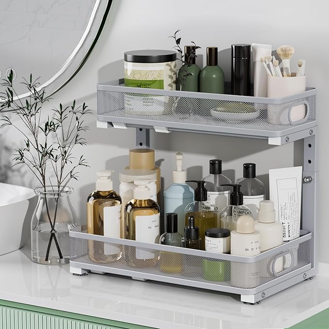 Uder Sink Organizer, High Adjustable 2 Tier Under Sink Organizers and Storage, Slide Out Metal Cabinet Organizers, Pull Out Sink Storage Drawer Shelf for Kitchen Bathroom Cabinet, Grey, 2 Pack