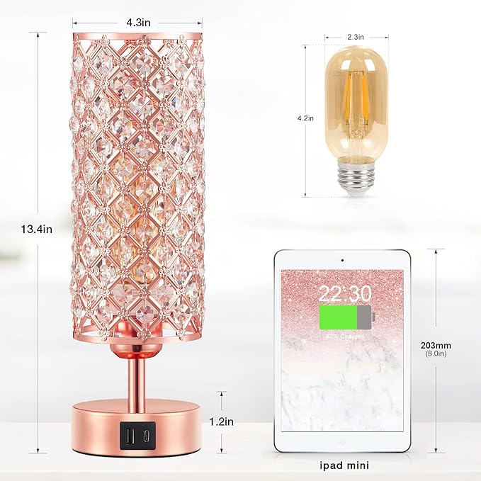 Hong-in Crystal Table Lamp - 3-Way Dimmable Touch Control, Rose Gold Bedside Lamp with USB C and A Ports, Nightstand Light for Living Room, Bedroom, Home Office (Bulb Included)
