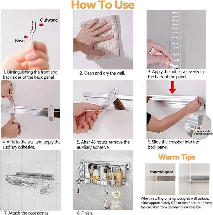 MINGLING Stainless Steel Shower Caddy, 41 cm Wall Back Crossbar Rustproof Shelves with 2 Long Tail Hook Clip, Large Capacity Bathroom Organizers and Storage