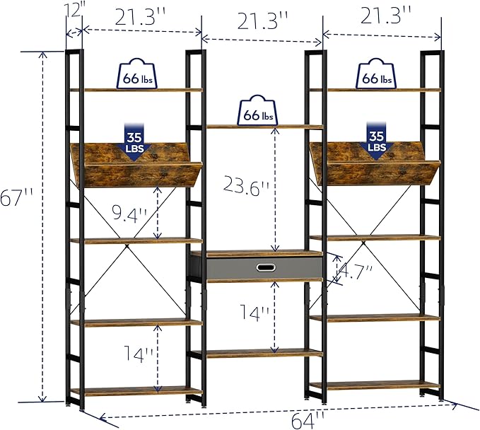 NUMENN Triple Wide 5 Tier Bookshelf, Adjustable Rustic Industrial Style Book Shelves, Modern Bookcases and Bookshelves Furniture for Bedroom, Living Room and Home Office, Vintage Brown