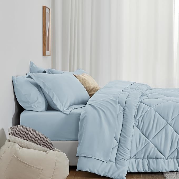 Love's cabin Twin Comforter Set Light Blue, 5 Pieces Twin Bed in a Bag, All Season Bedding Sets with 1 Comforter, 1 Flat Sheet, 1 Fitted Sheet, 1 Pillowcase and 1 Pillow Sham