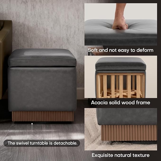 Square Ottoman with Storage,Swivel Vanity Stool-Faux Leather Foot Rest,Upholstered Footstool Pouf with Sturdy Acacia Wood Frame(500lbs),Small Coffee Table & Hidden Storage for Living Room