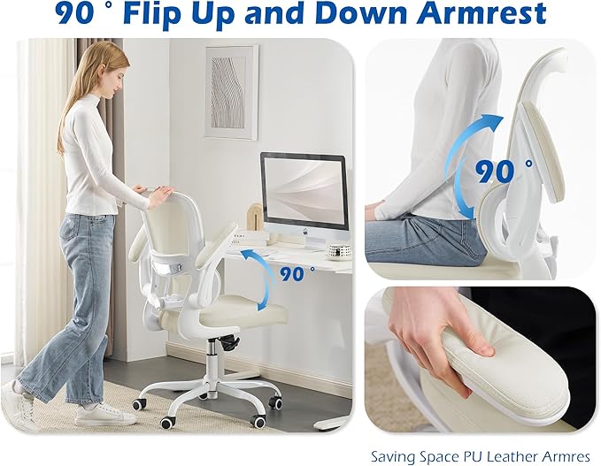 TRALT Ergonomic Office Chair - Desk Chair with Adjustable Lumbar Support Computer Chair - Mesh Comfy Chair with Flip-up Armrests - Gaming Chairs for Adults Home Office (Leather, Beige)
