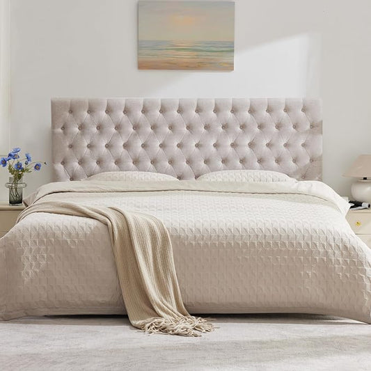 Kingfun Upholstered Queen Headboard Only, Premium Linen Button Tufted Headboards, Adjustable Solid Wood Head Board, Padded Headboard with Solid Wood Legs in Bedroom (Beige)