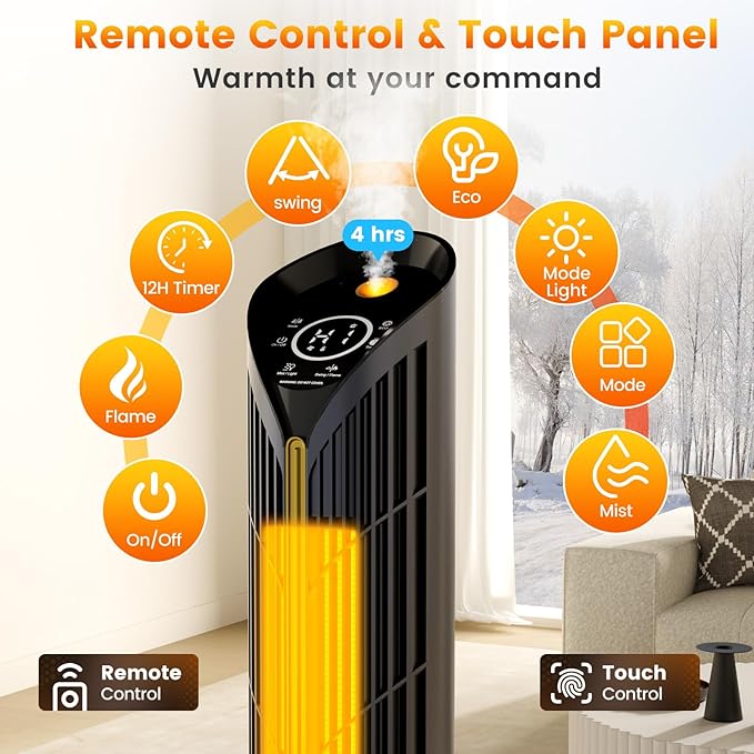 Auertech Space Heater with Humidifier & LED Light, 3 in 1 Portable Electric Heater with 3D Flame, Oscillating Room Heaters with Eco Mode, 28.5" Tower Heaters for Indoor Use Large Room, Office, Bedroom