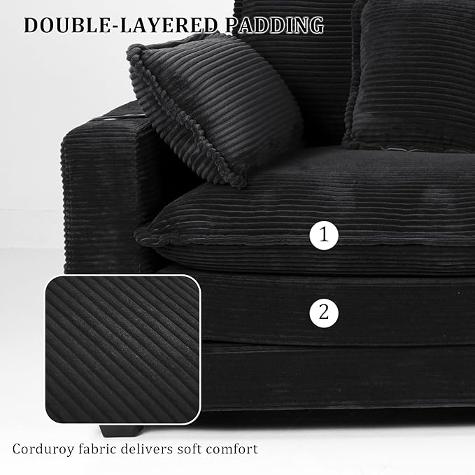 Gexpusm Modular Sectional Sofa,99" Couches for Living Room,Corduroy Sofa with Ottoman & Pillow,Cloud Sectional Couch with Cup Holders & USB,Side Pockets,3-Seat Corduroy Boneless Chair Indoor,Black