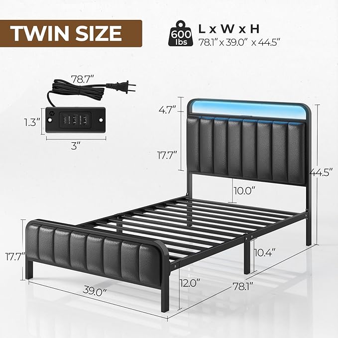 Rolanstar Twin Size Bed Frame with LED Light and Charging Station, Upholstered Headboard and Footboard, Metal Slat, Noise Free, Easy Assembly, Black
