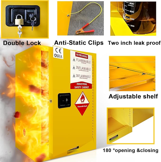 40 Gallon Flammable Safety Storage Cabinet, 21" D x 25" W x 35" H Yellow Galvanized Steel Cabinet with Adjustable Shelf for Commercial, Industrial, and Home Garage