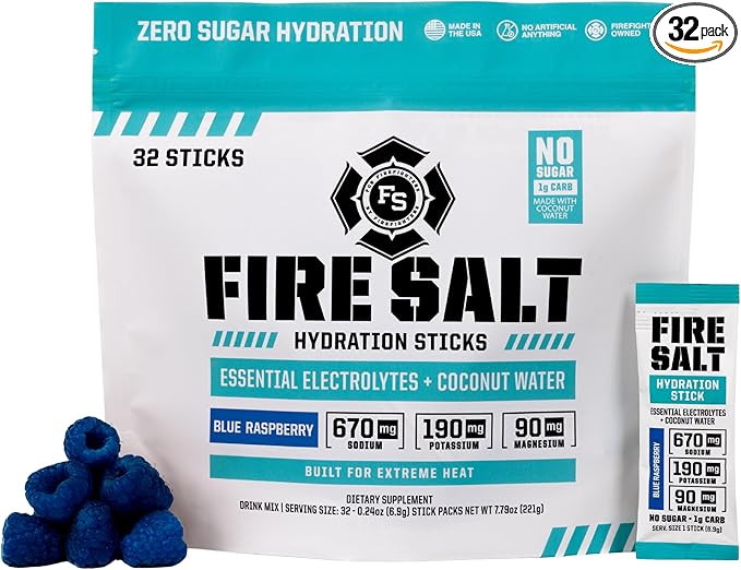 Fire Science Fire Salt Hydration Sticks, Electrolytes & Coconut Water, Hydration Drink Mix with Magnesium, Potassium & Sodium, Zero Sugar, Single Serve On the Go Packs, Blue Raspberry Flavor, 32 Count