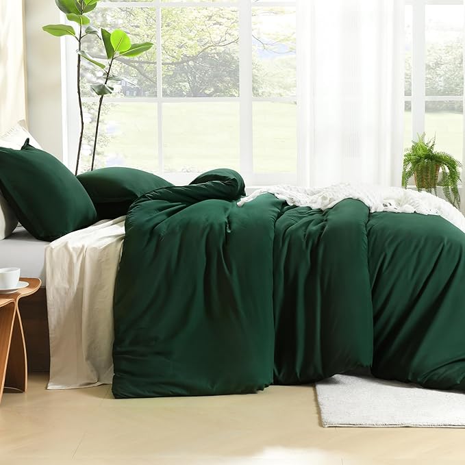 Litanika Comforter Set, Lightweight Solid Bedding Comforter Set, Fluffy Down Alternative Bed Set, Emerald Green, Oversized Queen