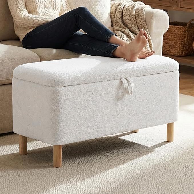 Ottoman with Storage, Storage Ottoman Bench, Entryway Bench, End of Bed Bench with Wood Legs for Bedroom, Living Room,2PCS,Cream