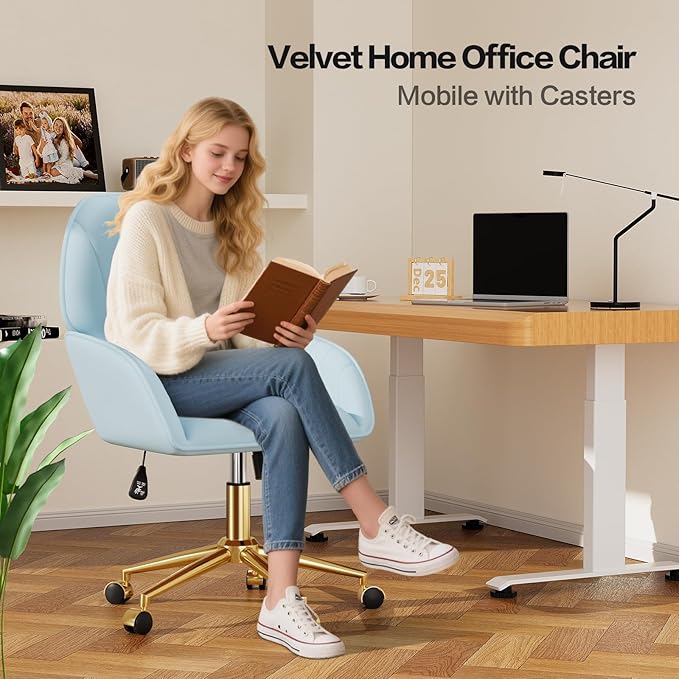 Home Office Desk Chair Comfy with Adjustable Swivel Wheels, Modern Velvet Makeup Vanity Chair with Back & Pillow, Ergonomic Office Chair Computer Task Chair for Living Room, Bedroom, Blue