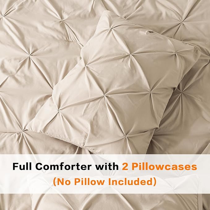 Andency Full Comforter Set Khaki, 3 Pieces Pinch Pleat Bedding Comforters & Sets, Pintuck Lightweight Fluffy All Season Bed Set for Women Men Girls(79x90Inch)