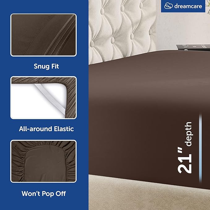 DREAMCARE Queen Sheet Set – 4 pcs Cooling Sheets – up to 21” Extra Deep Pocket Queen Sheets – Hotel Luxury – Superior Softness 100% Microfiber with Side Pocket - Mocha Brown DREAMCARE