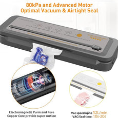 MEGAWISE Vacuum Sealer Machine, 2025 Model with 80kPa Suction Power, One-Touch Operation, Built-in Cutter, Compact Design, Vacuum Bags Included (Grey) (16.14 x 4.02inch)