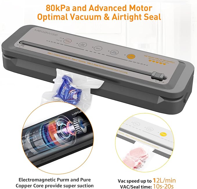 MEGAWISE Vacuum Sealer Machine, 2025 Model with 80kPa Suction Power, One-Touch Operation, Built-in Cutter, Compact Design, Vacuum Bags Included (Grey) (16.14 x 4.02inch)