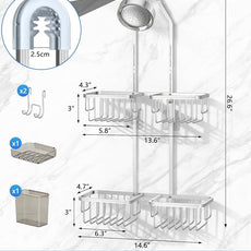 Adjustable Shower Caddy Hanging for Handheld Showerheads - Never Rust Shower Hanging Organizer, Upgraded Bathroom Shower Rack with Soap Basket, Hooks and Toothbrush Holder (Silver)