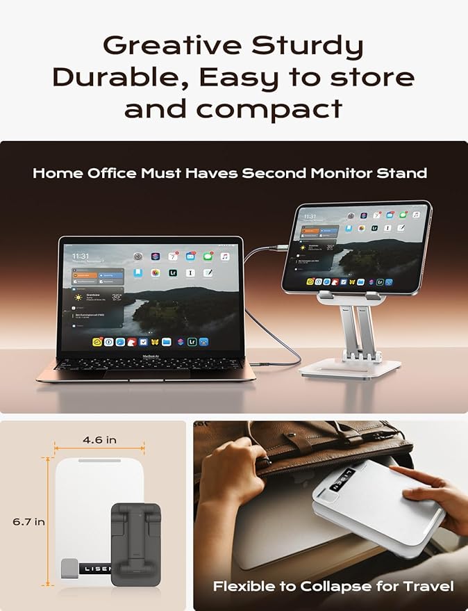 LISEN Tablet Stand for iPad Stand Holder Desk, Foldable Home Office Desk Accessories Travel for iPad Holder Dorm College Essentials Portable Monitor Fits Tabs Kindle iPhone 4-15.9" Black (White)