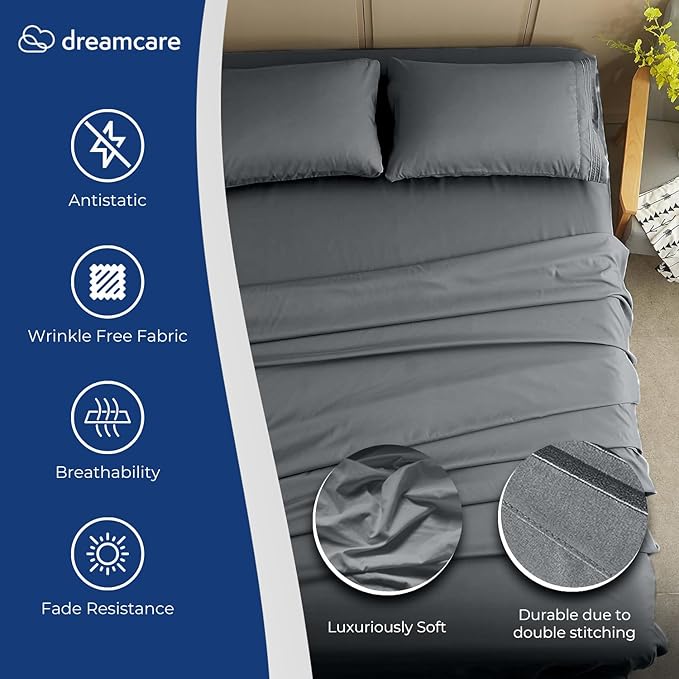 DREAMCARE California King Sheet Sets – 4 pcs Cooling Sheets – up to 21” Deep Cal King Sheets – Hotel Luxury Sheets & Pillowcases – Superior Softness 100% Fine Microfiber with Side Pocket – Dark Gray DREAMCARE