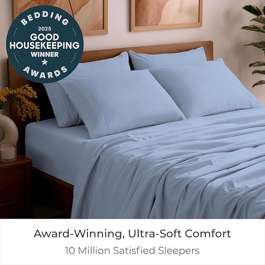 Mellanni Queen Sheet Set - 6-Piece Iconic Collection Bedding, (Including 4 Pillowcases), 21-Inch Extra Deep Pocket, Easy Care, Ultra Soft, Cooling Sheets, Brushed Microfiber - Sky Blue