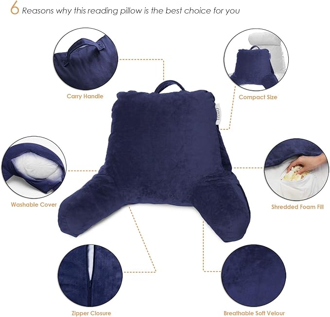 Nestl Reading Pillow with Shredded Memory Foam, Designed for Sitting Up in Bed and Couch, Back and Arms Adjustable Support for Adult & Teens Backrest Pillows for Reading, with Washable Cover Navy Blue