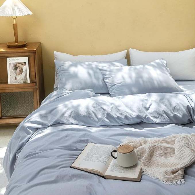 FOSSA Duvet Cover Set 100% Washed Cotton Linen Feel Super Soft Breathable Cozy 3 Pieces Bedding Sets Solid Cornflower Blue Super Queen