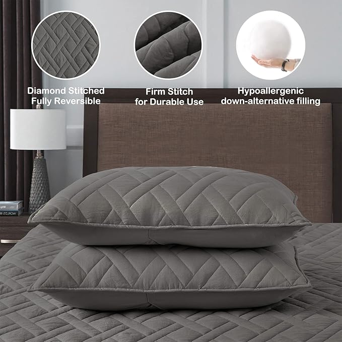HORIMOTE HOME Quilt Set Twin Size Grey, Classic Geometric Diamond Stitched Pattern, Microfiber Ultra Soft Lightweight Bedspread Coverlet for All Season, 2 Piece Includes 1 Quilt and 1 sham