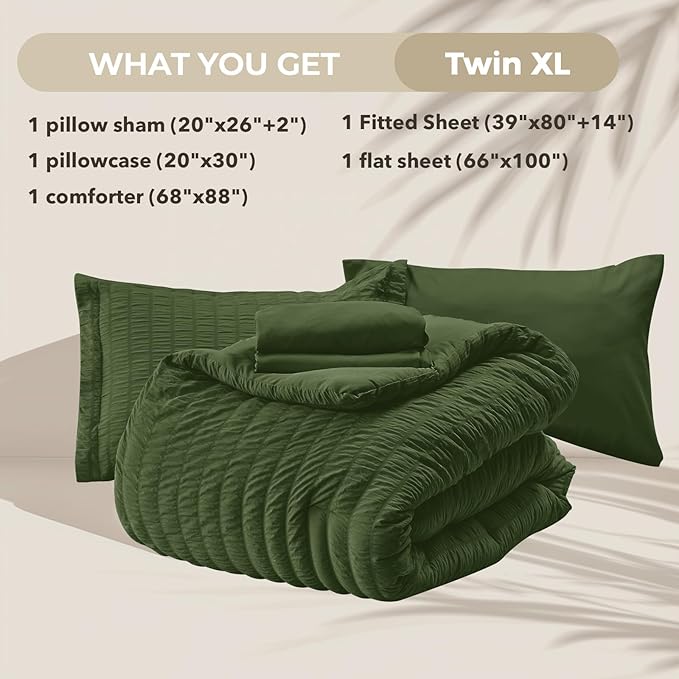 HYMOKEGE Olive Green Twin XL Comforter Set Seersucker 5 Pieces, All Season Luxury Bed in a Bag for Bedroom, Bedding Set with Comforter, Sheets, Pillowcase & Sham