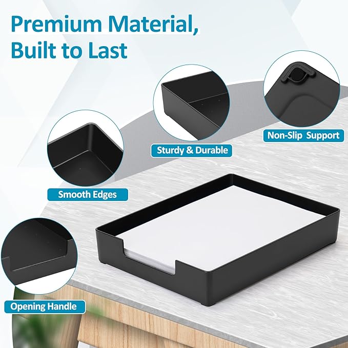 Letter Size A4 Papers Tray Desk Drawer Organizer Tray A4 Plastic Letter Paper Stationery Desk Accessories, Black Holder File Organization for Office, School, Home Storage (2 Pack)