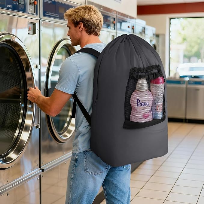Lifewit 90L Laundry Bag Backpack for Laundromat, Extra Large Handy Laundry Sack with Shoulder Straps and Mesh Pocket, Heavy Duty Hamper for Dirty Clothes for College Dorm/Travel/Apartment, Dark Gray