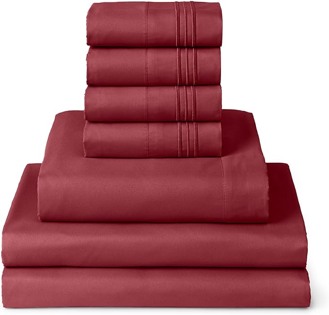 Mellanni Split King Sheet Set - 7-Piece Iconic Collection Bedding, (Including 4 Pillowcases), 16-Inch Deep Pocket, Easy Care, Extra Soft, Cooling Sheets, Brushed Microfiber - Brick Red
