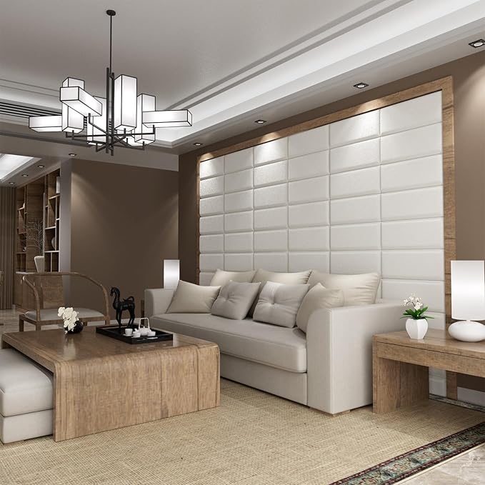 Upholstered Wall Mounted Headboard, Acoustic Panel, Peel and Stick Wall Padding, Beige Towel Fabric, 12-Pack