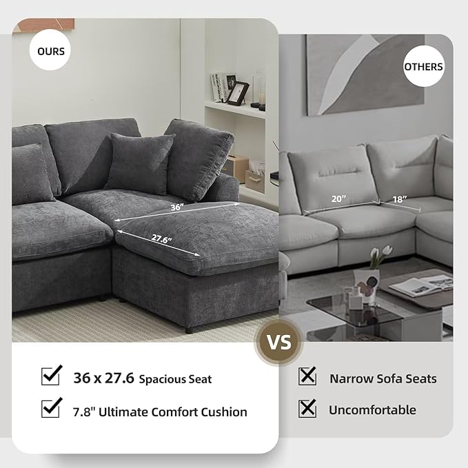 Modular Sectional Sofa Modern Oversized Chenille Cloud Couch with Movable Ottoman 4 Seater L-Shaped Sofas Comfy Couches for Living Room Spacious Space Office Lounge, Dark Grey