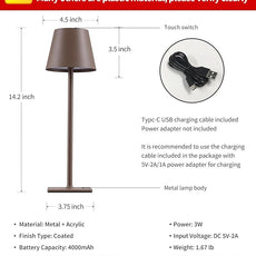 KDG 2 Pack Cordless Table Lamp,Portable LED Desk Lamp, 4000mAh Battery Operated, 3 Color Stepless Dimming Up, for Restaurant/Bedroom/Bars/Outdoor Party/Camping/Coffee Shop Night Light(Brown)