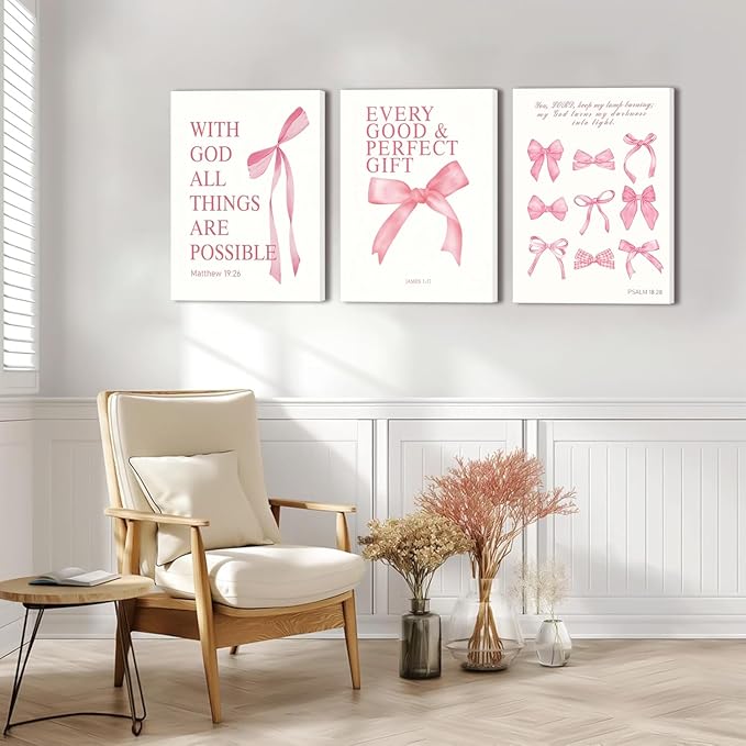 3 Pcs Coquette Pink Bow Canvas Wall Art Inspirational Bible Verses Bow Posters Wall Decor Pink Bow Room Pictures Prints Aesthetic for Girls Room Living Room Bedroom Bathroom Dorm 12x16 Inch Framed