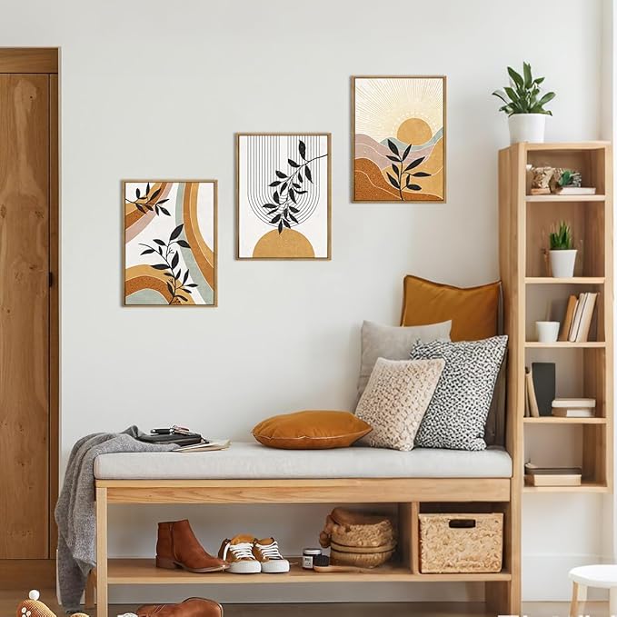 BINCUE Boho Line Wall Art Abstract Plant Wall Decor Mid Century Artwork for Living Room Bedroom Office 12"x16" Set of 3