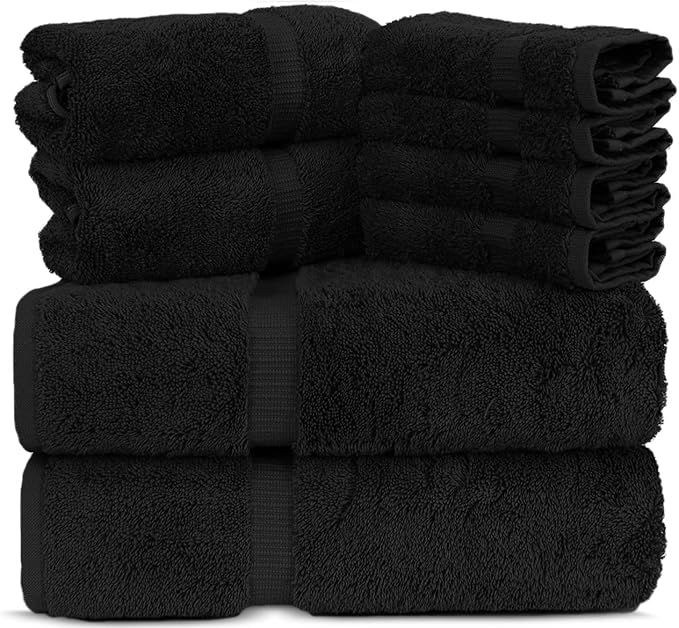 Towel Bazaar Premium Cotton Super Soft and Absorbent Turkish Towels (8-Piece Towel Set, Black)