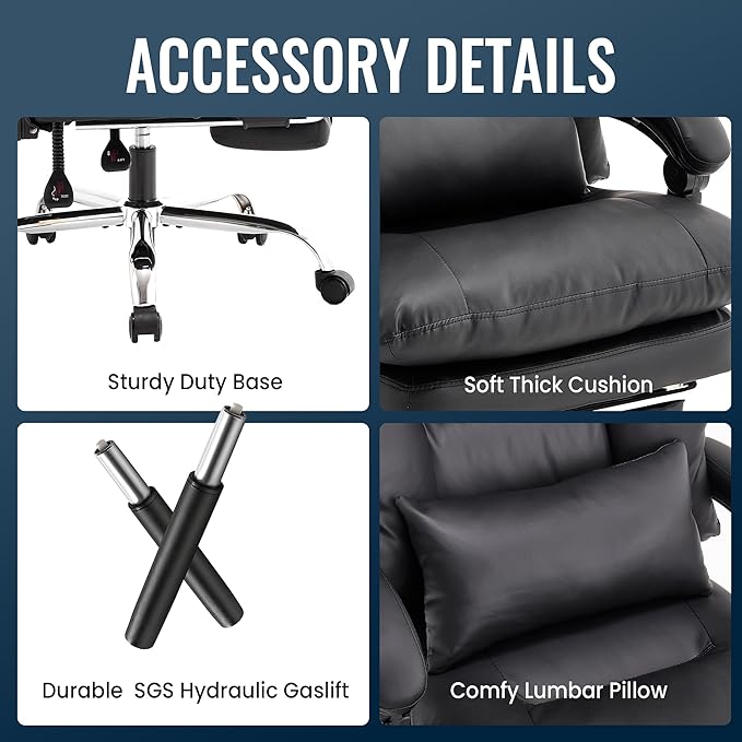 Office Chair with Footrest 500lbs,Reclining Leather Computer Chair for Heavy People, Big and Tall Comfy Executive Desk Chair with Lumbar Support & Pillow .High Back Black