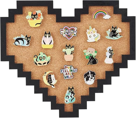BENECREAT Pin Board Pixel Heart Cork Board, 0.8inch Thick Wall Mounted Cork Board Bulletin Display Board for Brooch Pin Storage, Office Home Festival Home Decor, 9x7.9inch