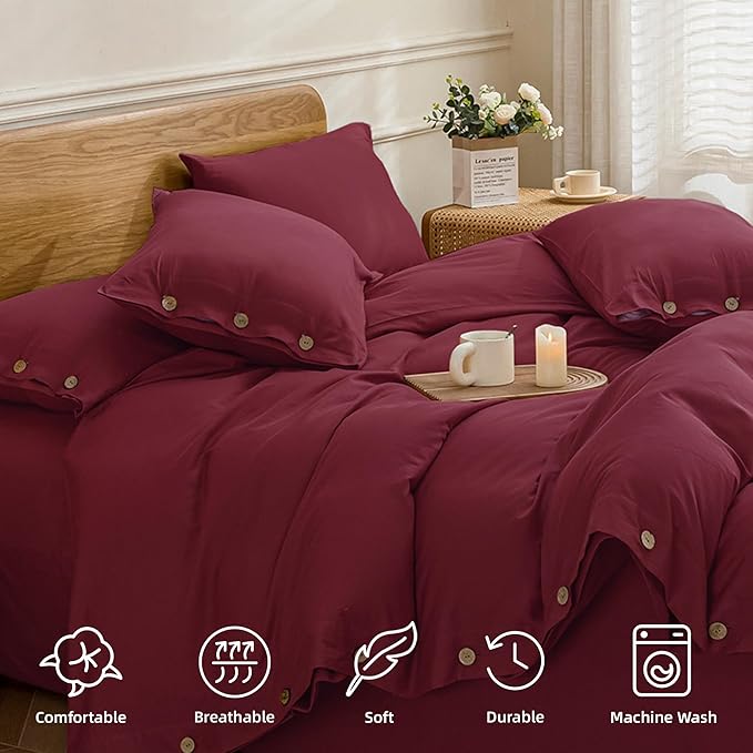 JELLYMONI Cotton Duvet Cover Twin Size - Burgundy Comforter Cover with Button 100% Washed Cotton 2PCS Breathable Soft Solid Bedding Set Duvet Cover 68×90in & 1 Pillowcase (NO Comforter)