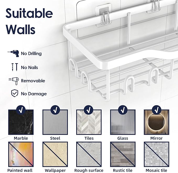 Shower Caddy Adhesive Shower Organizer 7-Pack, Rustproof Stainless Steel Bathroom Shelves, Large Capacity No-Drill Rack Storage Accessories with Soap Dish Toothbrush Holder Hooks (White)