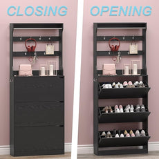 Shoe Cabinet with 3 Flip Drawers & Coat Rack, Narrow Hidden Shoe Storage Cabinet, 2-in-1 Hall Tree Slim Freestanding Shoe Rack Organizer for Entryway, Hallway, and Living Room