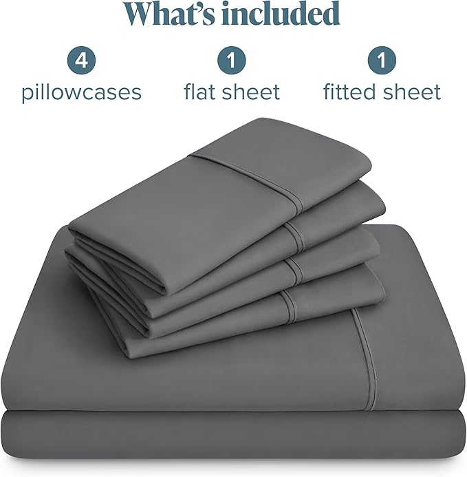 Bare Home Hotel Luxury Full XL Sheet Set, Extra Soft - 6 Piece Set - Deep Pockets - Easy Fit - Cooling & Breathable - Wrinkle, Fade, Stain Resistant - Includes 4 Pillowcases (Full XL, Grey)