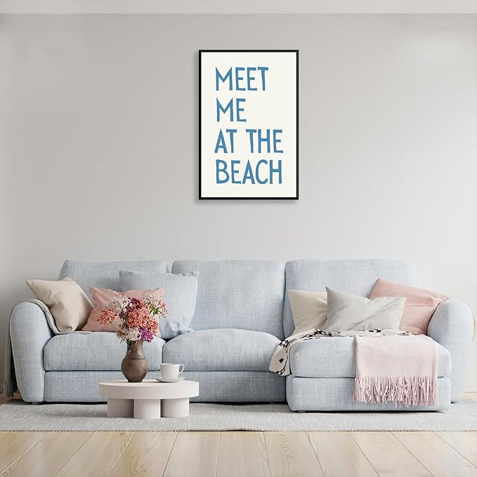 Trendy Meet Me At The Beach Posters Blue Coastal Cowgirl Wall Art Funky Summer Room Decor Vintage Beachy Canvas Prints Ocean Theme Aesthetic for Bathroom Apartment Bedroom 16x24in Metal Black Frame